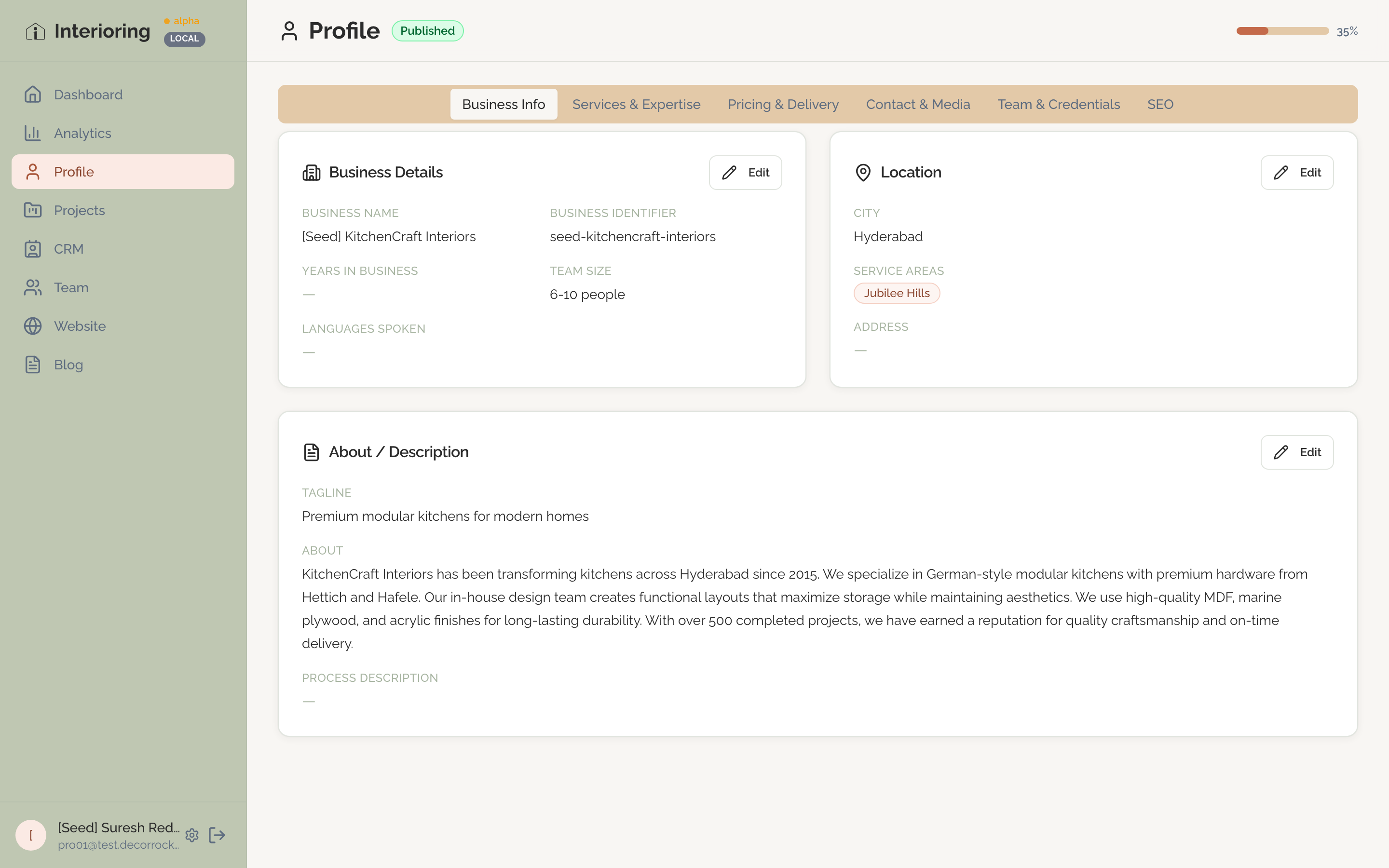 Pro portal profile page showing business name, logo, service categories, and verification badge
