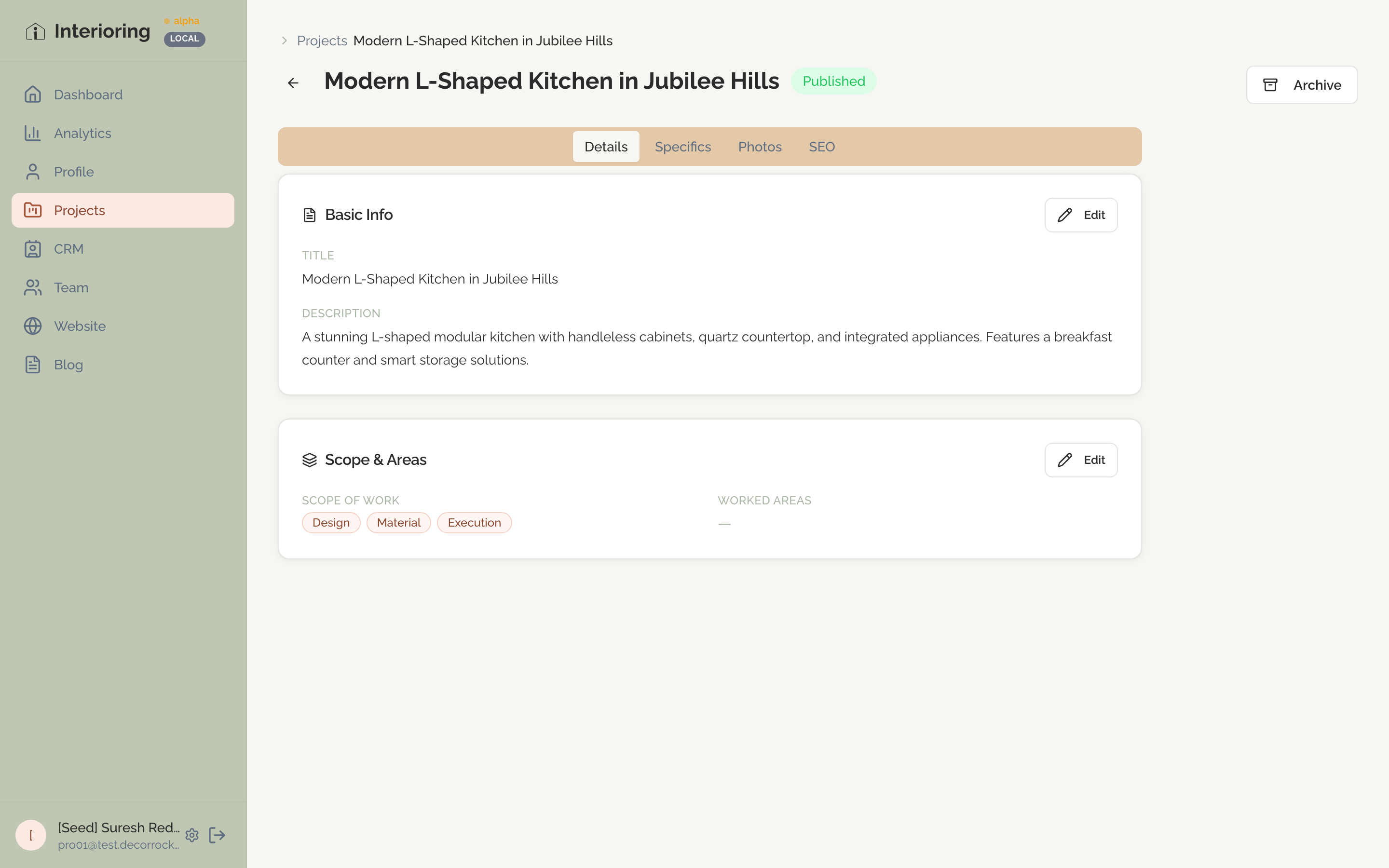 Project portfolio with room-organized gallery showing kitchen, bedroom, and wardrobe photos